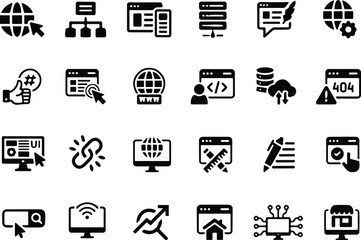 Website icon set. Containing web design, internet, content, SEO, hosting, server, homepage and e-commerce icons. Vector illustration