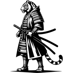 Obraz premium Samurai in armor wildcat stands in fighting stance with katana sword in monochrome. Wild tiger animal. Tattoo minimalistic in black ink drawing on white background