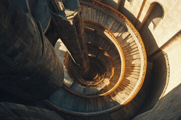 Elegant curves of a spiral staircase draw the eye upwards in a sunlit tower, showcasing impressive architectural design