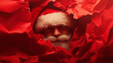 A whimsical Santa Claus peeks through torn red wrapping paper, embodying the festive spirit of Christmas.
