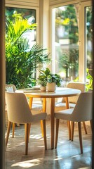Cozy Sunlit Dining Area with Plants and Modern Furniture