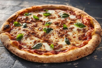 Close-up of a rustic pizza featuring a crispy crust, melted cheese, and fresh toppings, radiating comfort and warmth