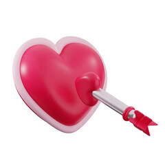A 3D rendering of a heart with an arrow piercing through it, symbolizing love and romance. The heart has a pink outline and the arrow has a festive bow, creating a playful and charming visual.