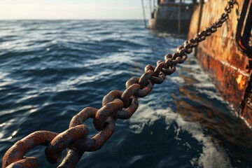 A weathered chain extends from a boat into the serene ocean, where soft waves ripple under the warm glow of the setting sun, creating a peaceful ambiance