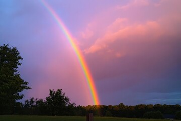 A stunning rainbow fills the sky, illuminated by sunlight after a recent rain, symbolizing hope and vibrant beauty