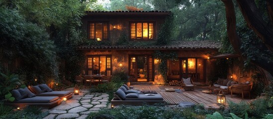 Obraz premium Illuminated stone house at night with patio and lounge area.