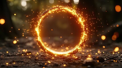 A fiery ring emits glowing particles on a dark ground. Ideal for fantasy, sci-fi, or abstract projects.