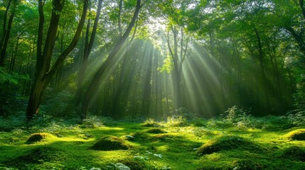 Obraz premium A green forest with dense foliage, golden sunlight penetrates the treetops, illuminating the moss-covered ground, background wallpaper AI generated image