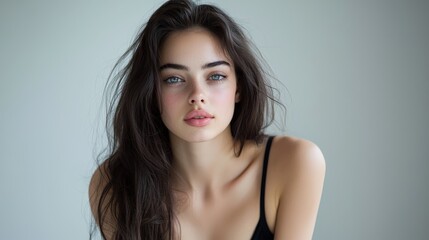 Fototapeta premium Stunning portrait of a woman with long brown hair and captivating blue eyes