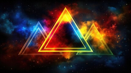 Vivid neon triangles glow against a cosmic backdrop. Ideal for music album covers, posters, or digital wallpapers.