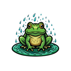 Vector illustration of a green frog sitting on a lily pad in a rainstorm.