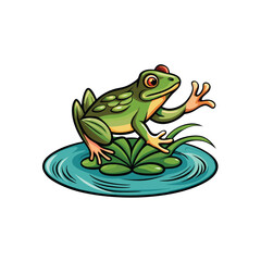 A vector illustration of a green frog leaping off a lily pad in a pond.