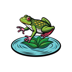 A vector illustration of a green frog leaping off a lily pad in mid-air.