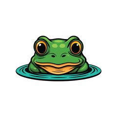 Create a vector illustration of a green frog partially submerged in water.