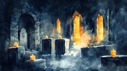 Haunting crypt with candlelit stone coffins in watercolor ambiance. Cenotaph. Illustration