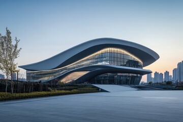 Obraz premium A stunning sports stadium with sweeping curves becomes an exciting venue at sunset