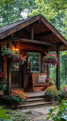 Obraz premium Charming Wooden Cabin Surrounded by Vibrant Flower Baskets