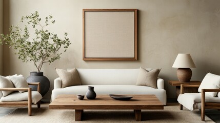 Modern living room design featuring neutral tones and natural elements