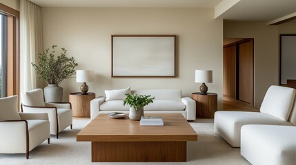 Fototapeta premium Modern living room featuring minimalist design and natural light