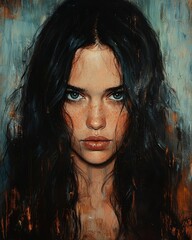 Fototapeta premium Moody portrait of a young woman studio digital art dark chiaroscuro close-up emotional depth