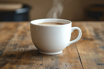 Obraz premium White coffee cup with steam rising from it sits on a wooden table