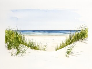 Watercolor Painting of a Sandy Beach with Lush Green Grass and a Distant Ocean Horizon
