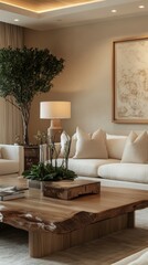 Elegant living room with natural elements and modern decor in bright tones