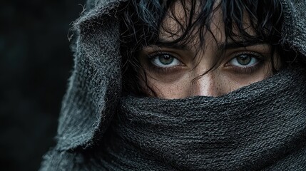 Fototapeta premium Brooding portrait of an isolated figure dark environment emotional close-up perspective dramatic mood