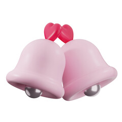 A minimalist 3D rendering of two pink bells adorned with red hearts, ideal for Valentine's Day designs.