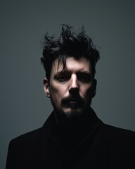 Fototapeta premium Cinematic dark moody portrait of a man studio setting detail focus low-key lighting introspective concept