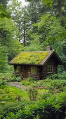Charming Wooden Cabin Surrounded by Lush Green Forest Landscape