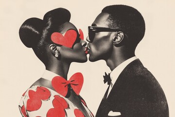 vintage americana illustration retro 60s style black woman wearing a heart and bow print dress kissing her man, Valentines card