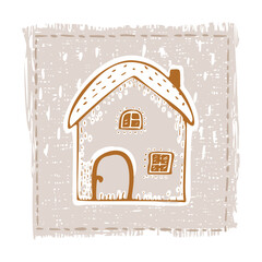 Whimsical snowy cottage door icon with december festive Christmas motif. Winter holiday social media cute hand drawn festive home card design element. 