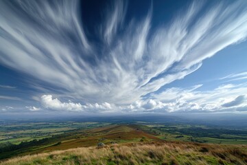 A breathtaking view reveals expansive hills under a dynamic sky filled with moving clouds, highlighted by natural light