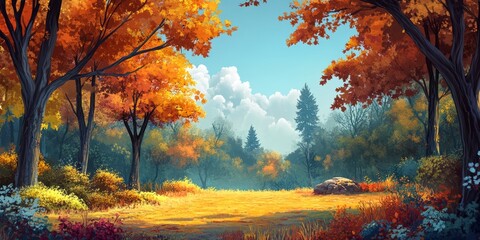 Fototapeta premium Autumnal Forest Scene With Golden Sunlight And Trees