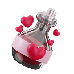 A 3D rendering of a glass bottle filled with a pink liquid, adorned with a pink ribbon and surrounded by floating hearts, representing a love potion.