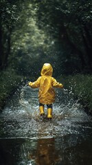 Child in Yellow Raincoat Jumping Through Puddles in Nature