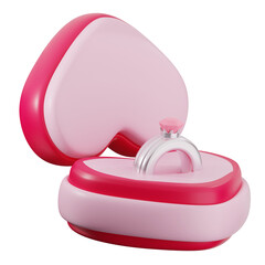 A 3D rendering of a heart-shaped ring box with a silver ring inside, symbolizing love, romance, and marriage.
