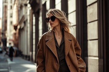 Obraz premium Fashionable woman walks confidently through a busy city street, drawing attention with her elegant outfit