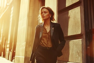 Fototapeta premium A confident woman moves gracefully down a city street, illuminated by warm sunlight, turning heads with her chic outfit