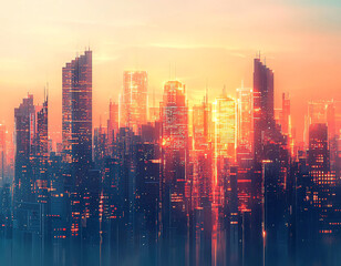 Fototapeta premium Neon Cityscape Sunset