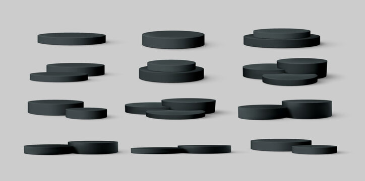 Black Realistic Empty 3d Product Podium Set Isolated on White Background. Vector Illustration