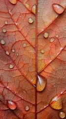 Fototapeta premium Close-Up of Water Droplets on a Vibrant Autumn Leaf Surface