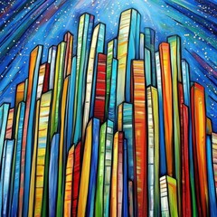 A vibrant abstract depiction of colorful skyscrapers under a starry sky.