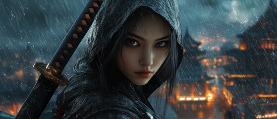 Close up woman face mysterious dangerous asian samurai ninja warrior character hood staring sharply background wallpaper AI generated image