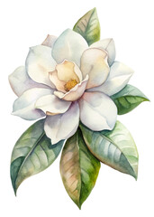 Watercolor magnolia flower, delicate petals, lush green leaves, botanical illustration, nature-inspired art, floral decor.
