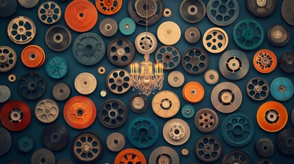 Fototapeta premium A vibrant collection of colorful wheels forming a unique wall art.