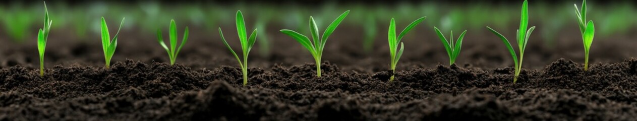 Green seedlings emerging from rich soil in a garden during springtime