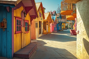 Colorful beach huts line the walkway, showcasing playful designs and cheerful colors in natural sunlight
