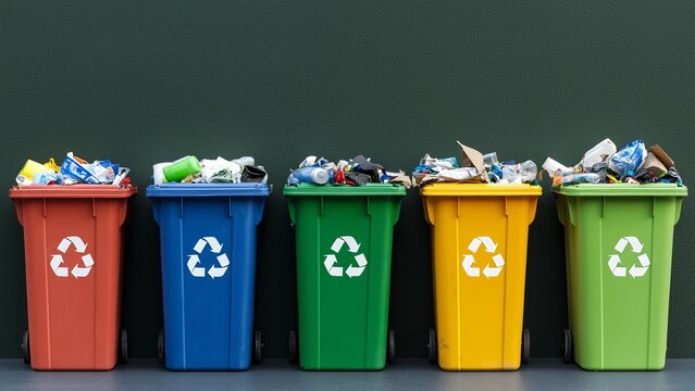 Five colorful recycling bins overflowing with waste against a dark green background, symbolizing the urgent need for better waste management and recycling practices